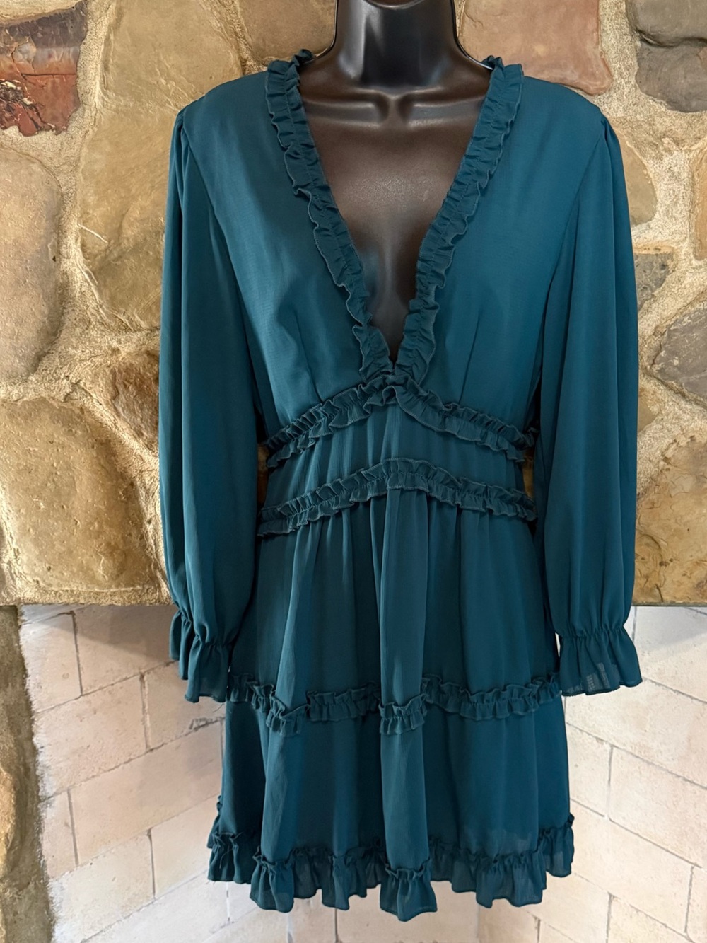 Deep Teal Ruffle Tiered Long Sleeve Open Back Mini Dress Womens Small Milkmaid